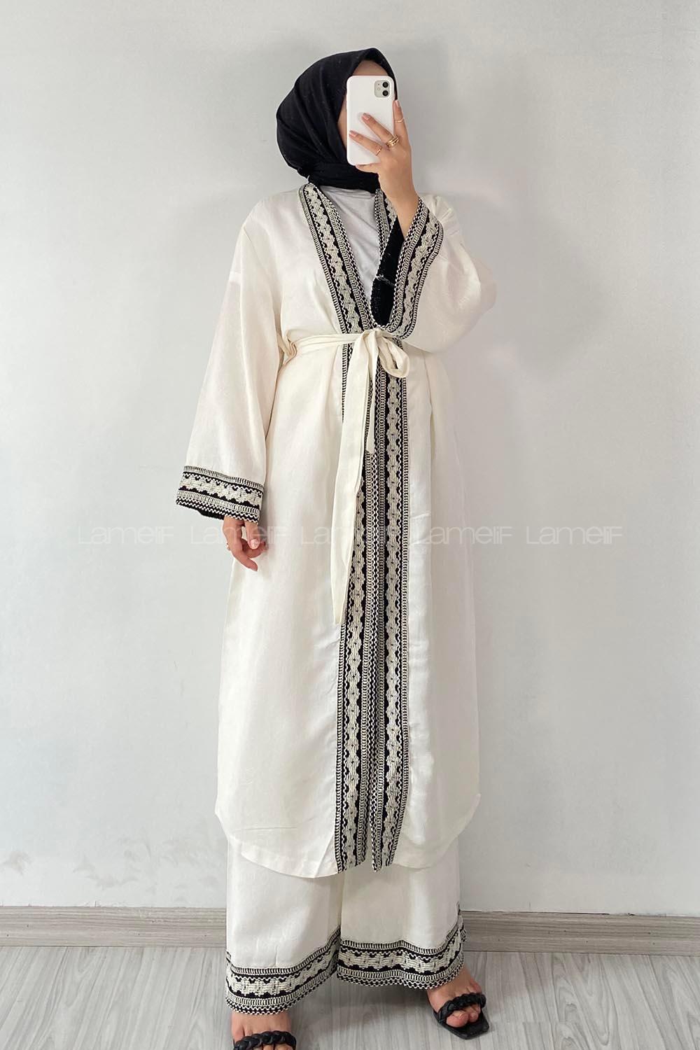 Modalamelif Hasır Modelli Çiçek İşlemeli İkili Takım Ekru