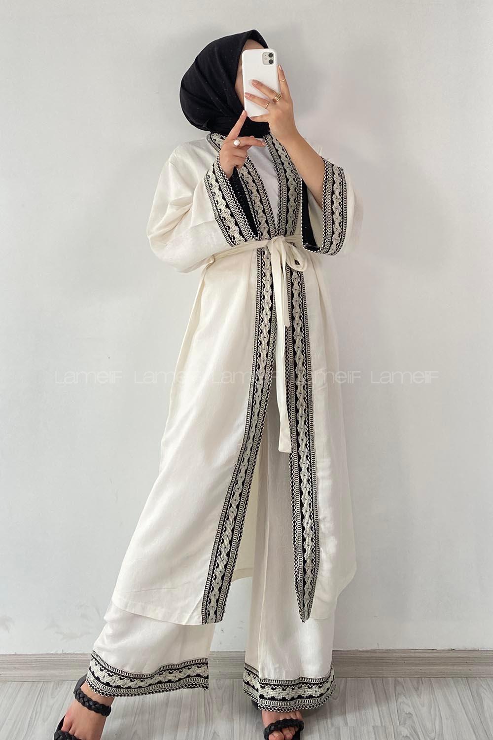 Modalamelif Hasır Modelli Çiçek İşlemeli İkili Takım Ekru