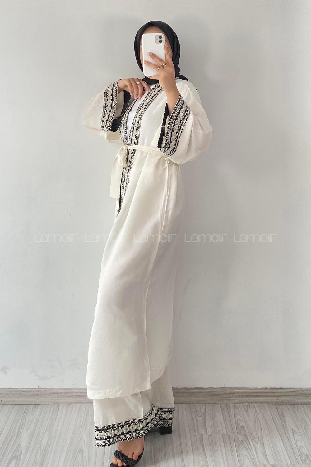 Modalamelif Hasır Modelli Çiçek İşlemeli İkili Takım Ekru