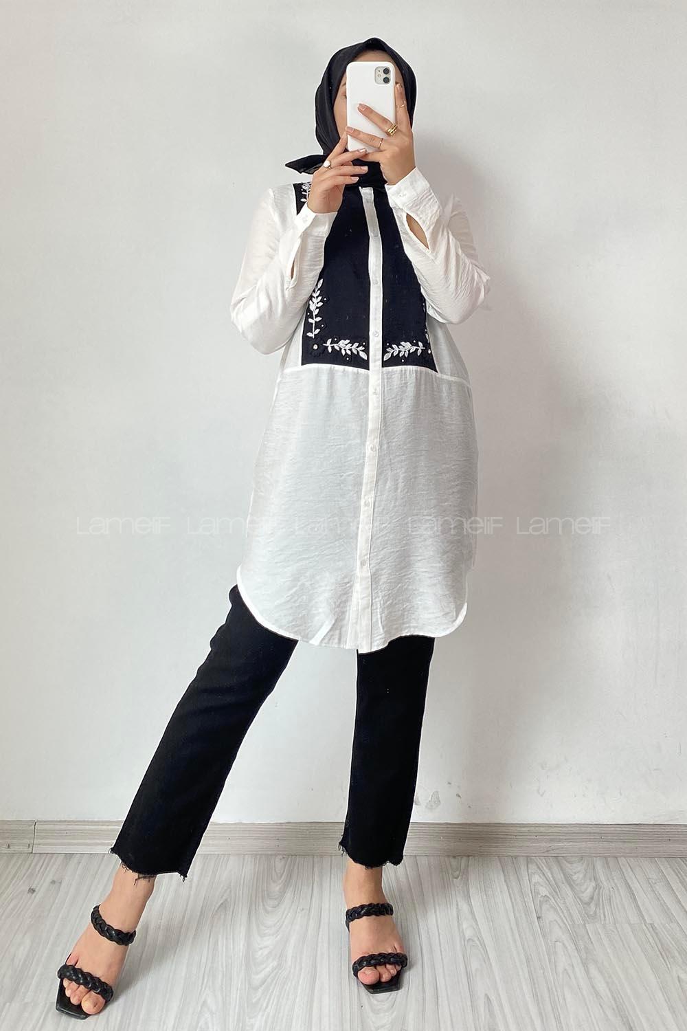 Modalamelif Önü Düğmeli Nakış Çiçek İşlemeli Gömlek Ekru-Siyah