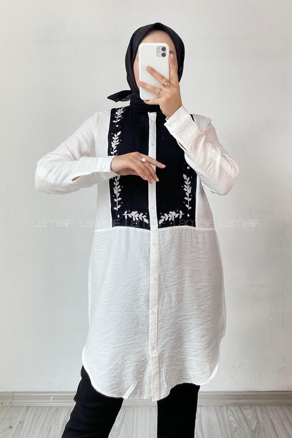 Modalamelif Önü Düğmeli Nakış Çiçek İşlemeli Gömlek Ekru-Siyah