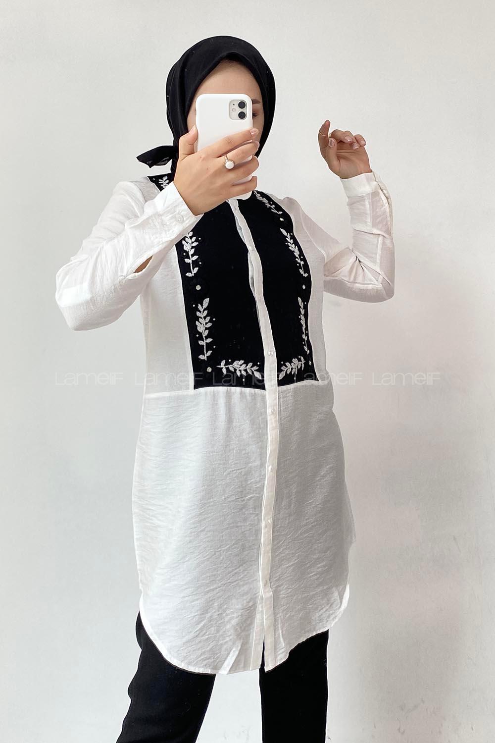 Modalamelif Önü Düğmeli Nakış Çiçek İşlemeli Gömlek Ekru-Siyah