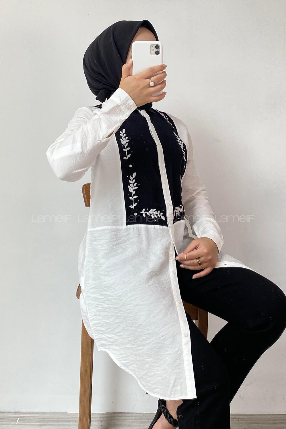 Modalamelif Önü Düğmeli Nakış Çiçek İşlemeli Gömlek Ekru-Siyah