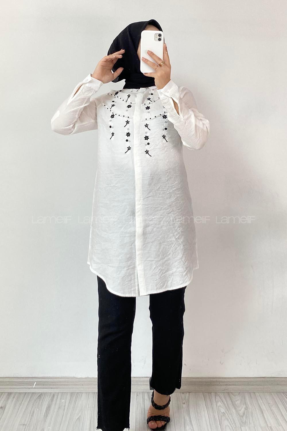 Modalamelif Önü Gizli Düğmeli Nakış Motif İşlemeli Gömlek Ekru