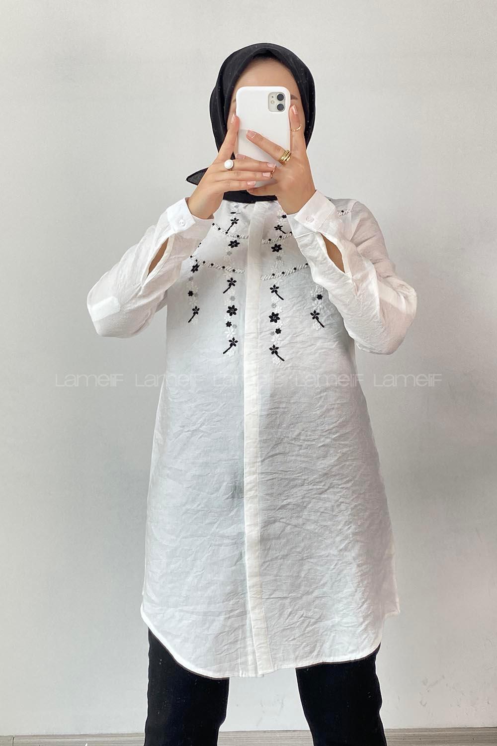 Modalamelif Önü Gizli Düğmeli Nakış Motif İşlemeli Gömlek Ekru