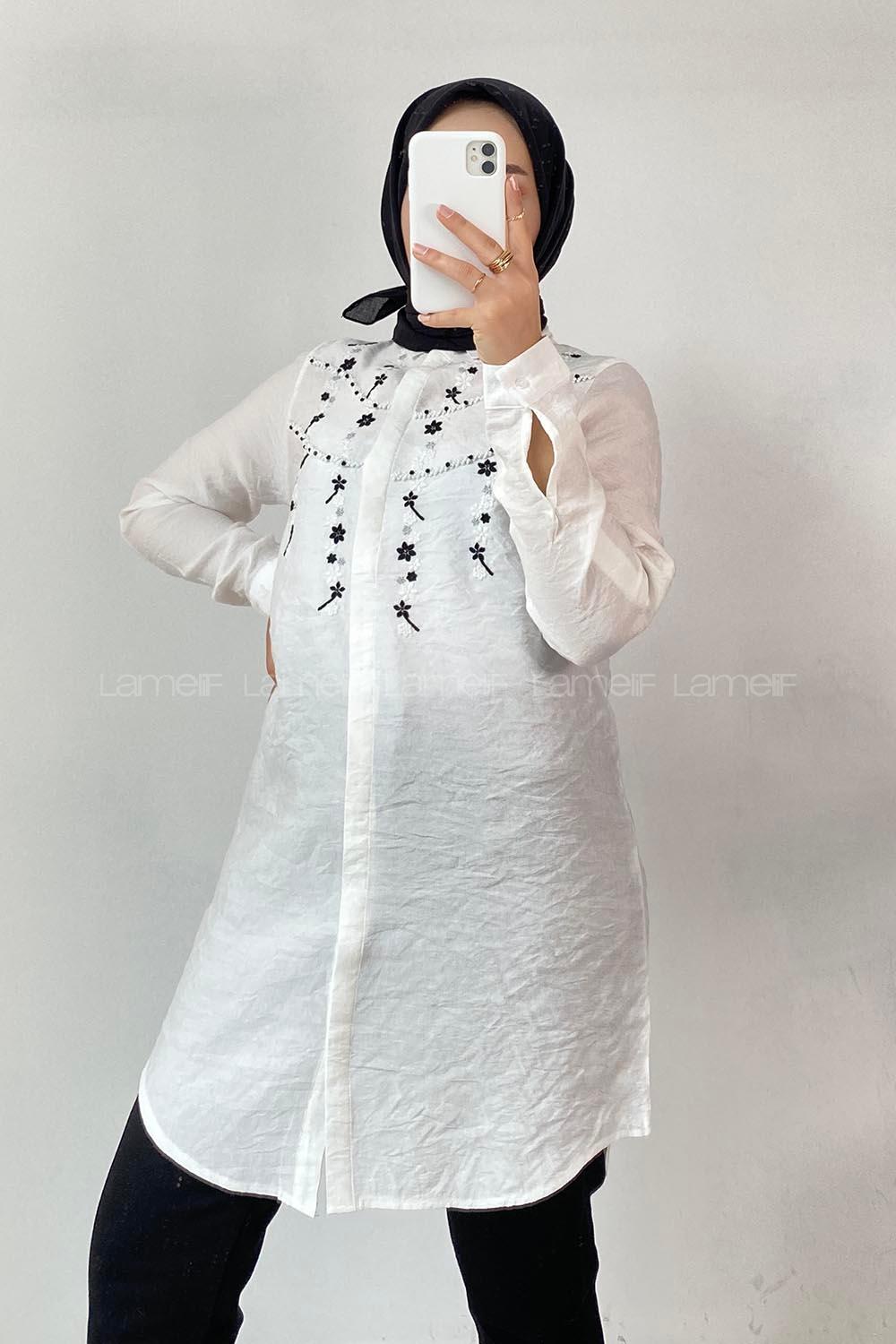 Modalamelif Önü Gizli Düğmeli Nakış Motif İşlemeli Gömlek Ekru