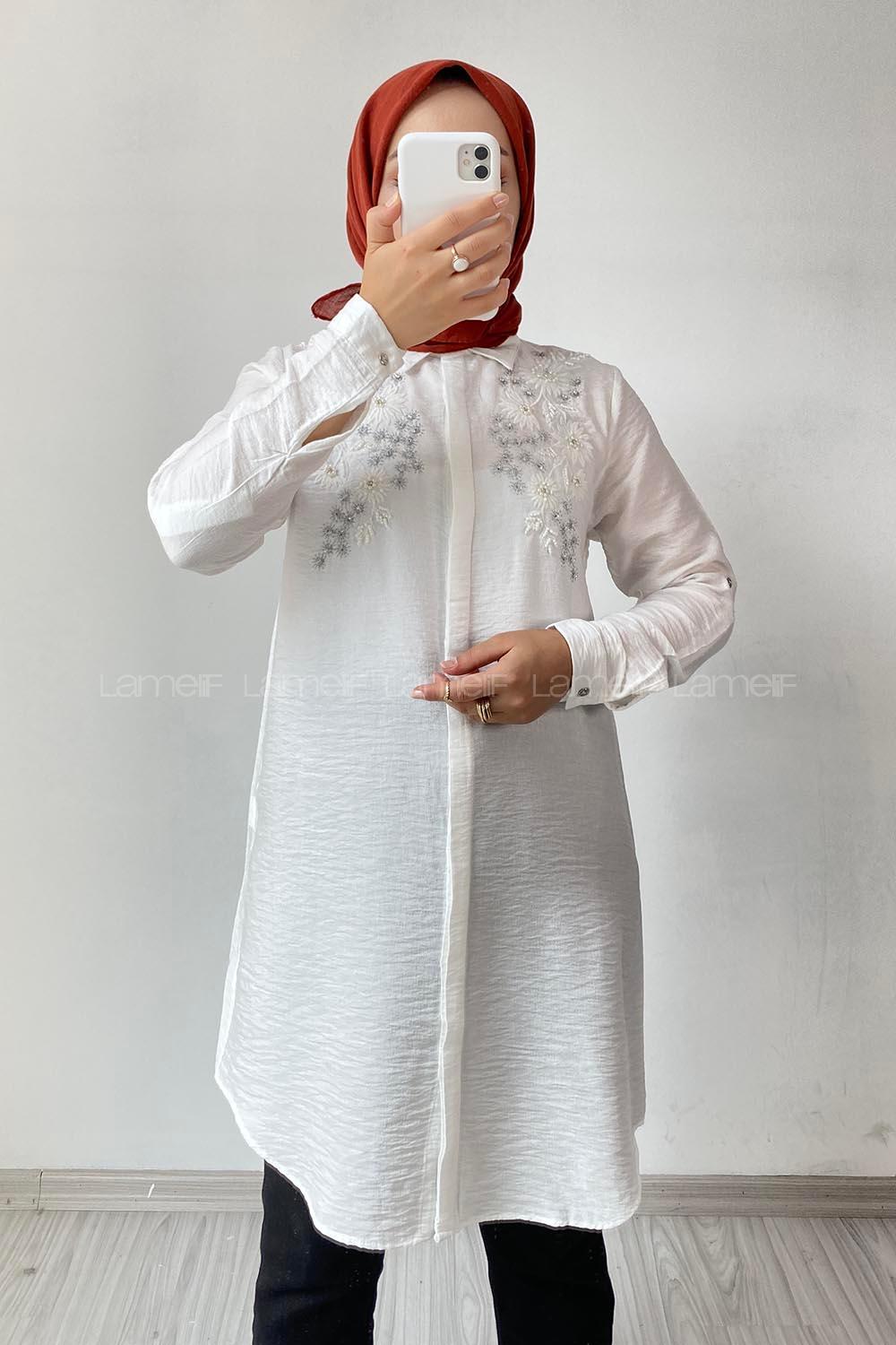 Modalamelif Önü Gizli Düğmeli Taş Motif Detaylı Gömlek Ekru