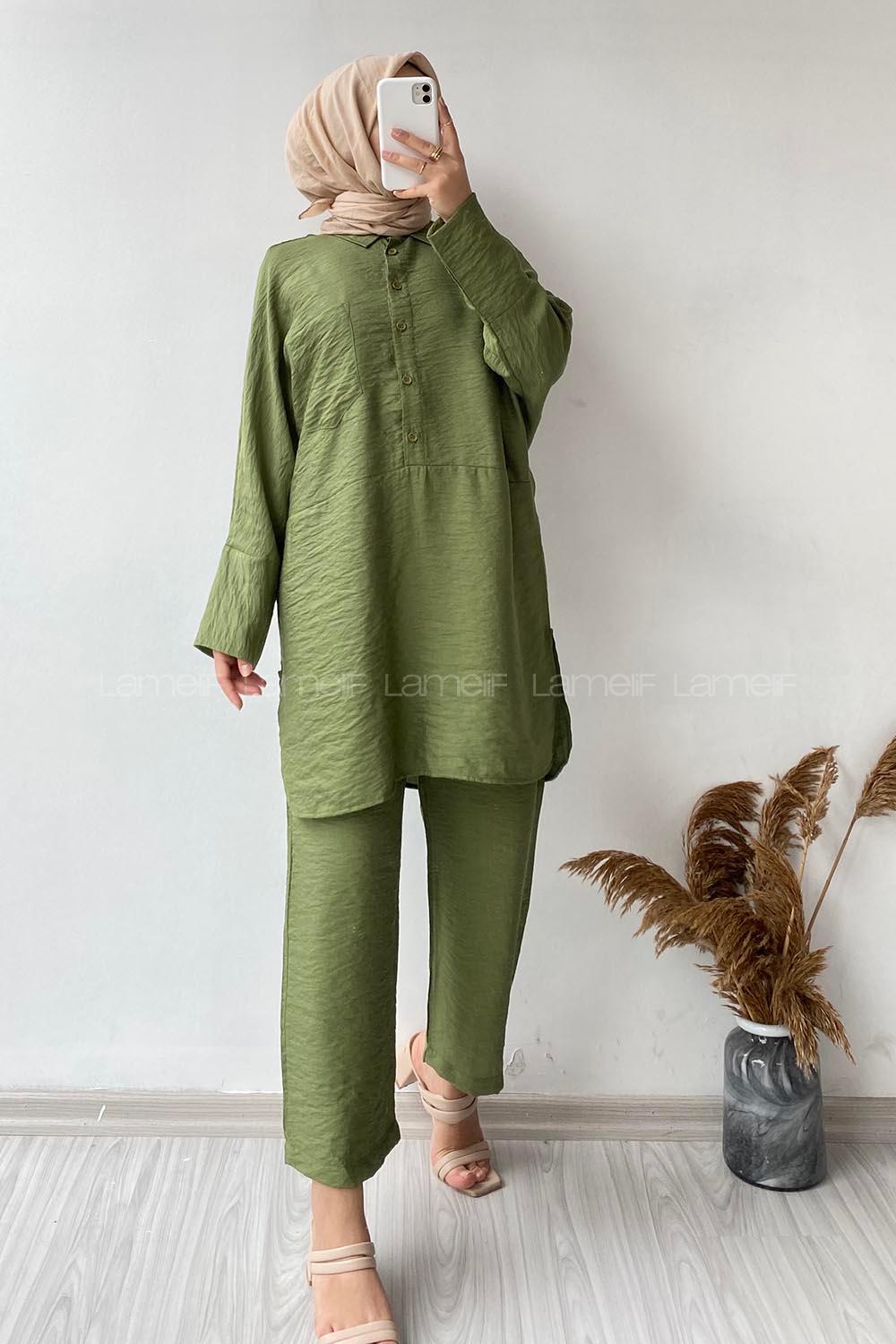 Modalamelif  Tek Cep Detaylı Önü Yarım Düğmeli İkili Takım Haki