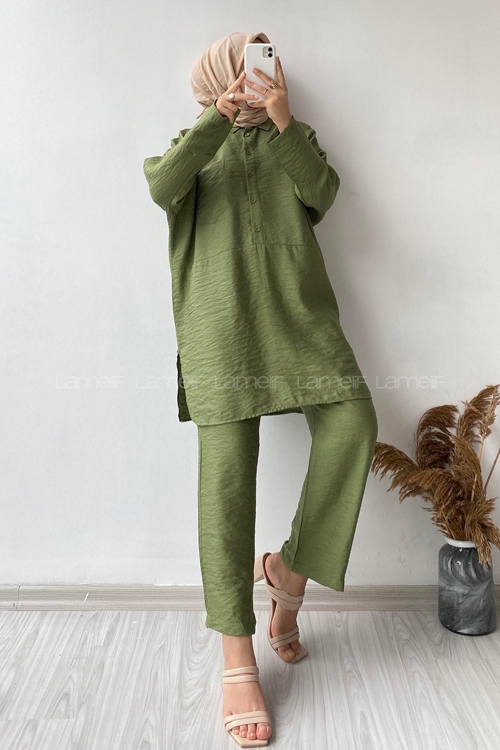 Modalamelif  Tek Cep Detaylı Önü Yarım Düğmeli İkili Takım Haki