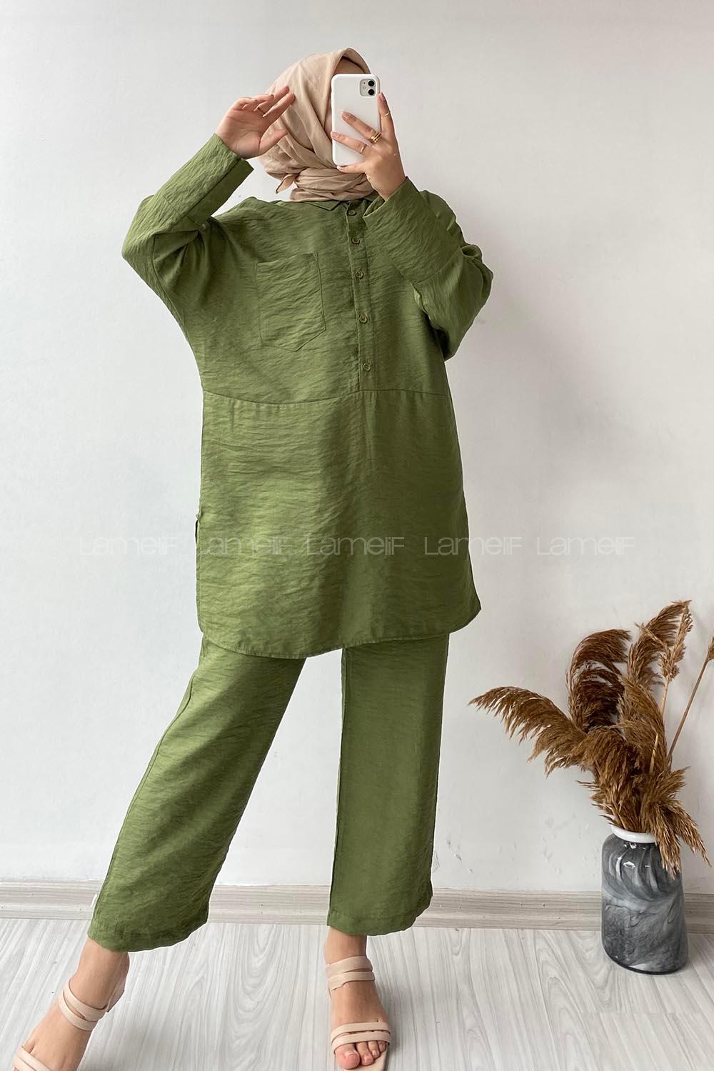 Modalamelif  Tek Cep Detaylı Önü Yarım Düğmeli İkili Takım Haki