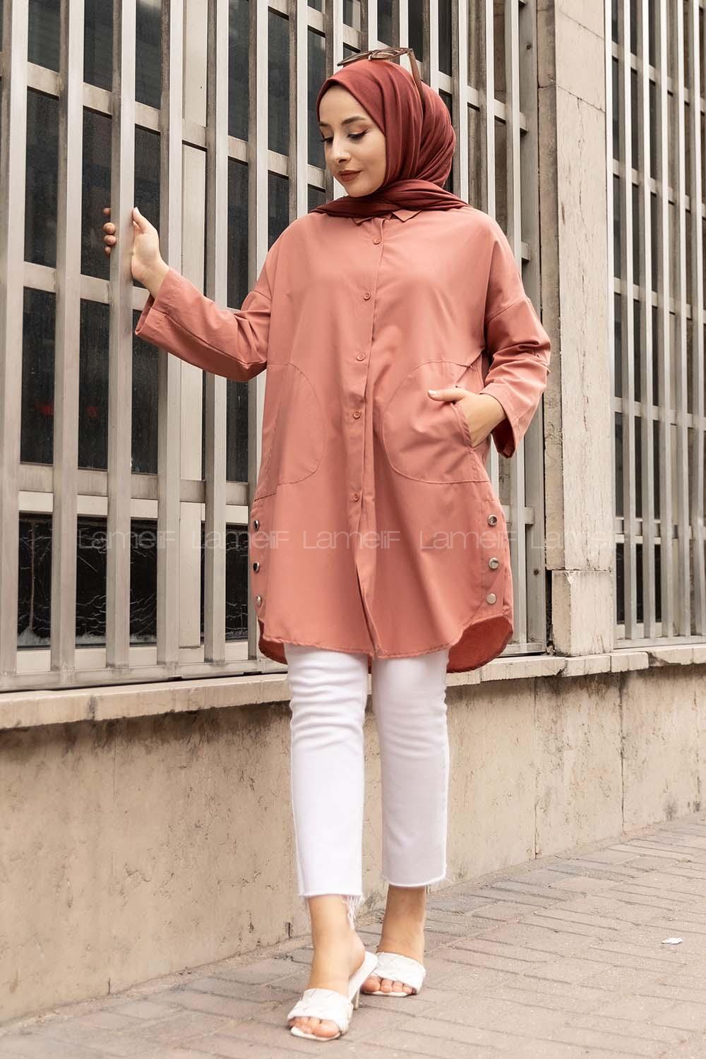 Modalamelif Gizli Cep Düşük Kol Gömlek Gül