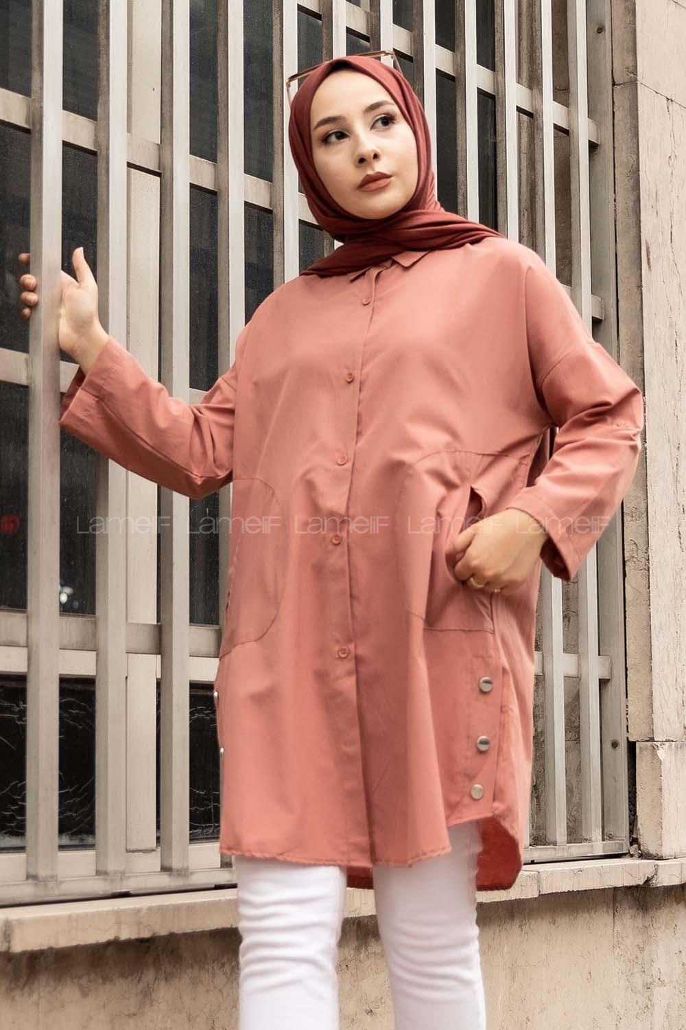 Modalamelif Gizli Cep Düşük Kol Gömlek Gül