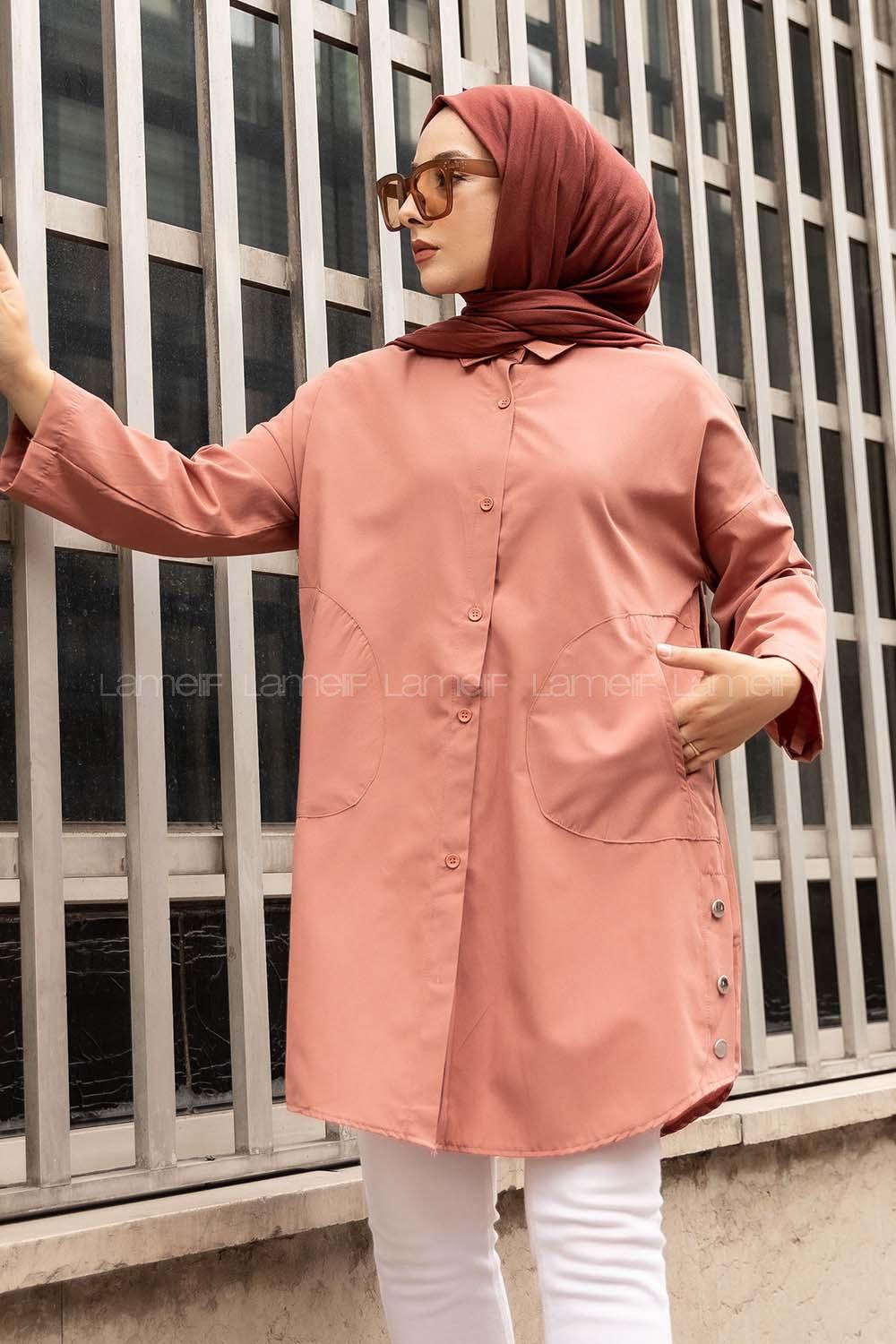 Modalamelif Gizli Cep Düşük Kol Gömlek Gül