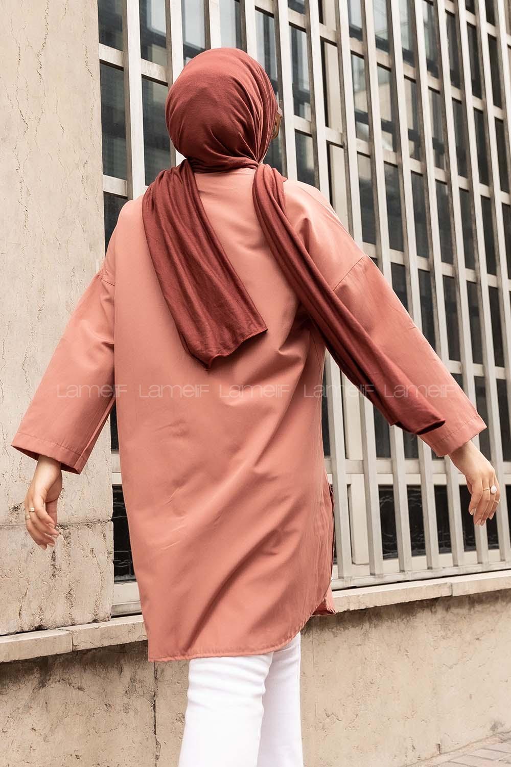 Modalamelif Gizli Cep Düşük Kol Gömlek Gül