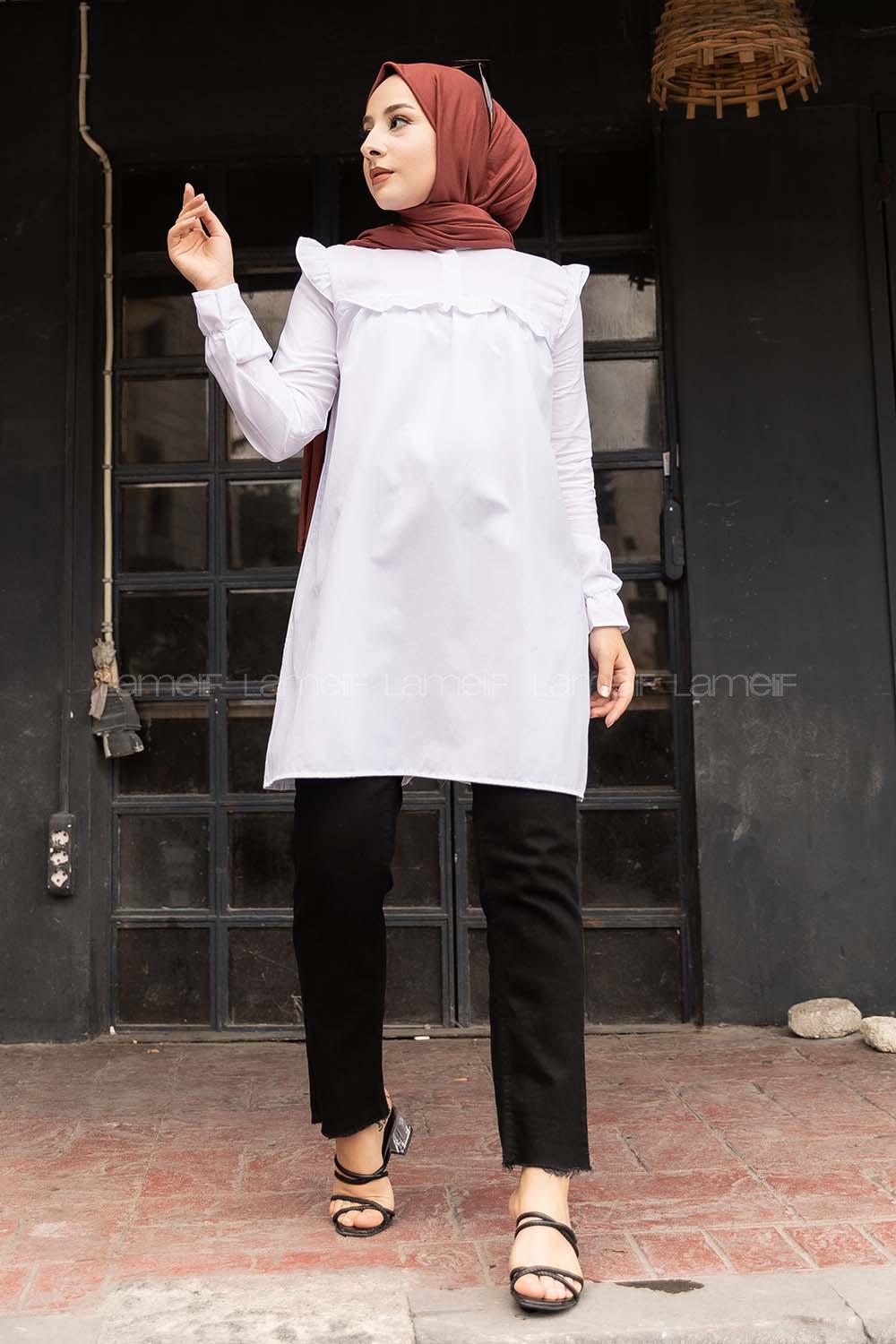 Modalamelif Hakim Yaka Fırfırlı Tunik Beyaz