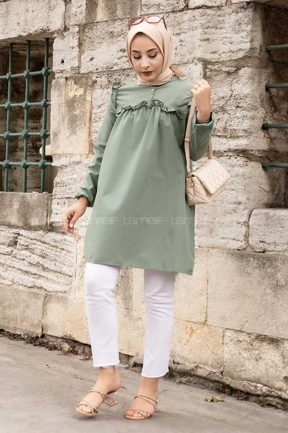 Modalamelif Hakim Yaka Fırfırlı Tunik Haki
