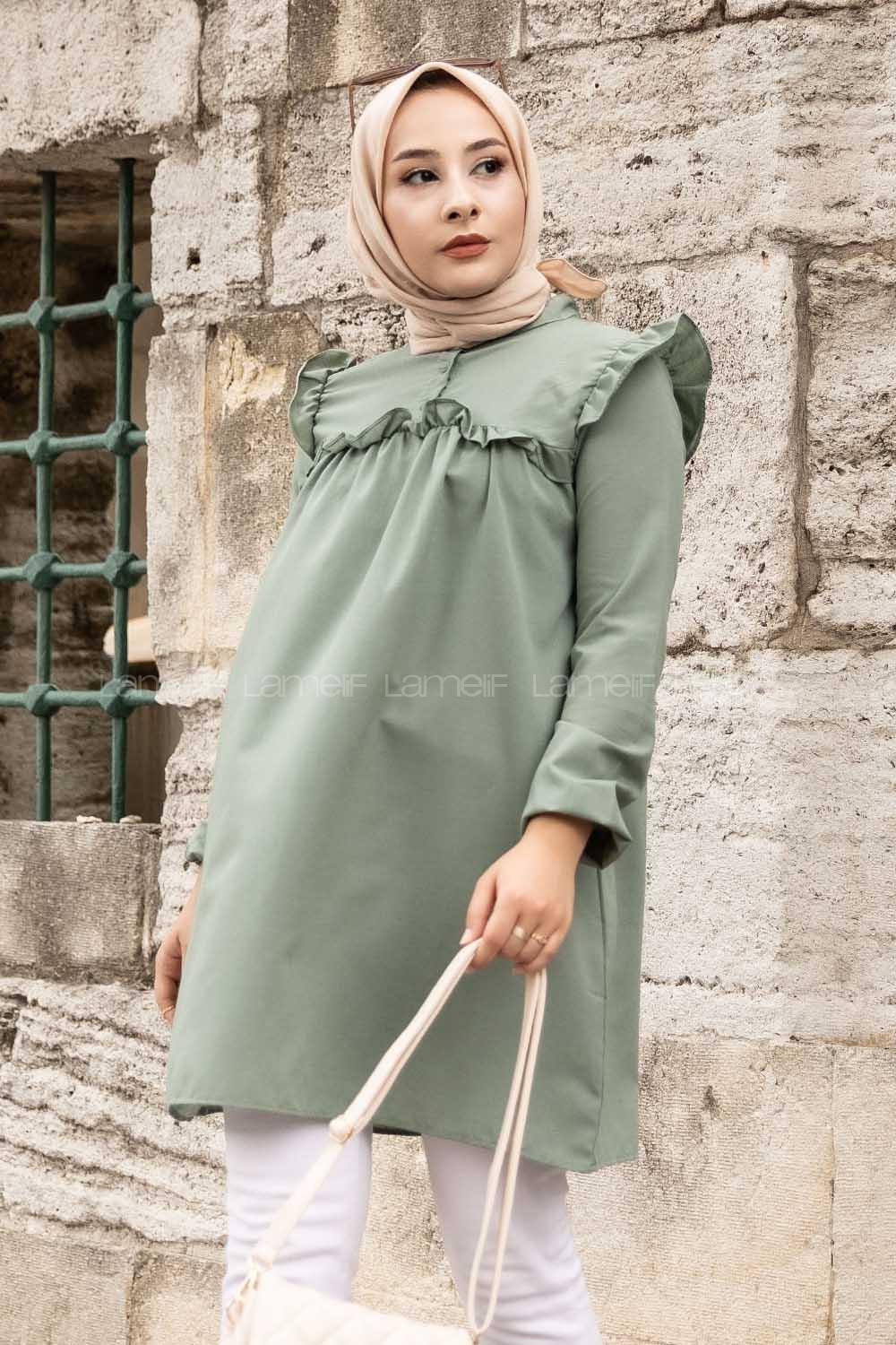 Modalamelif Hakim Yaka Fırfırlı Tunik Haki