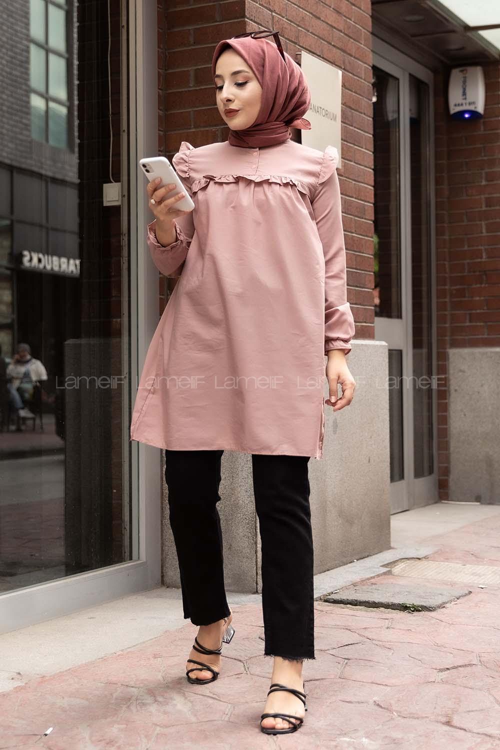 Modalamelif Hakim Yaka Fırfırlı Tunik Pudra