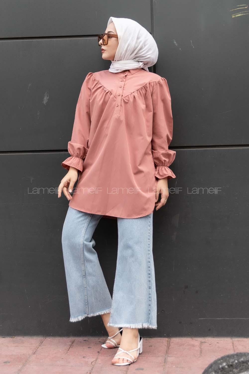 Modalamelif Hakim Yaka Kol Lastikli Tunik Gül Rengi