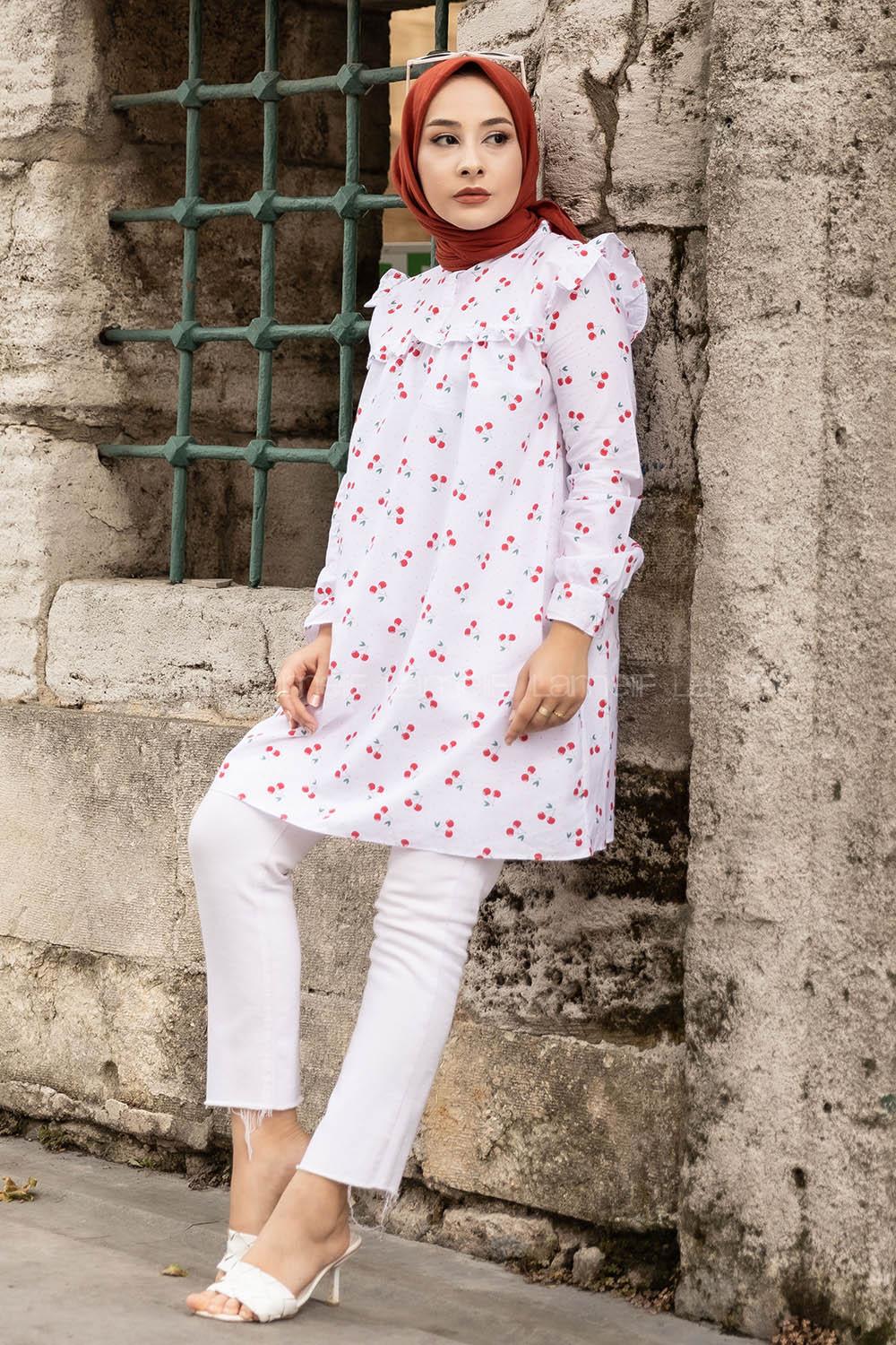 Modalamelif Hakim Yaka Önü Yarım Düğmeli Kiraz Desen Tunik