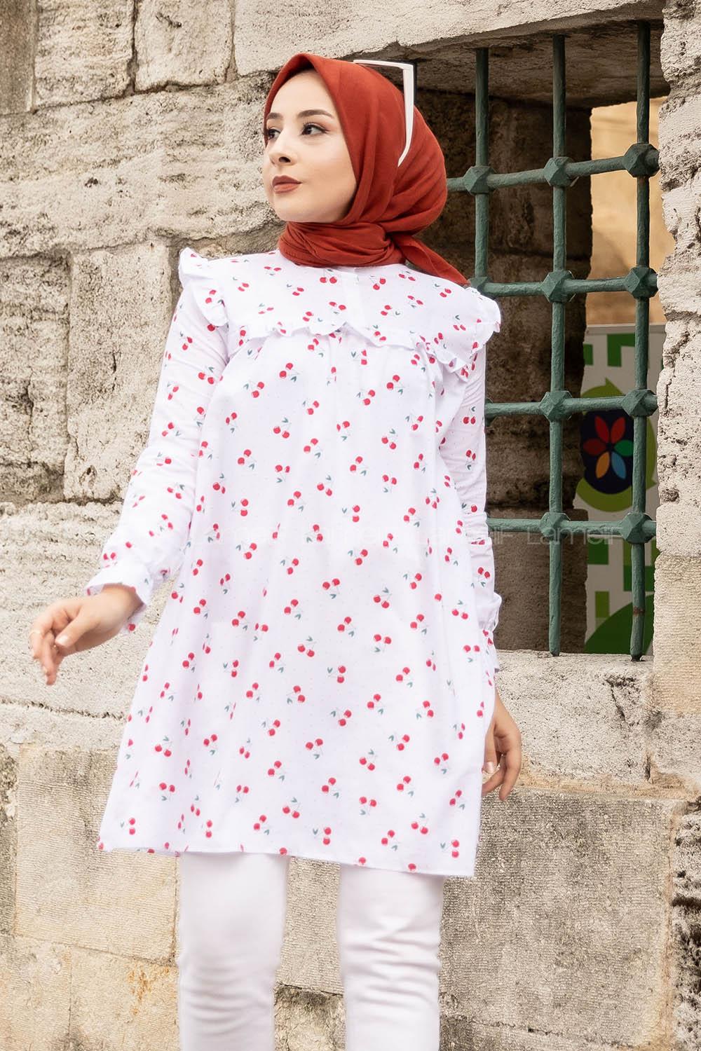 Modalamelif Hakim Yaka Önü Yarım Düğmeli Kiraz Desen Tunik