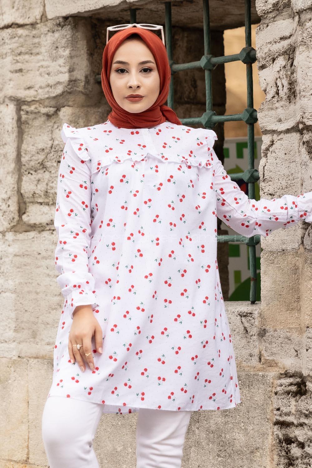 Modalamelif Hakim Yaka Önü Yarım Düğmeli Kiraz Desen Tunik