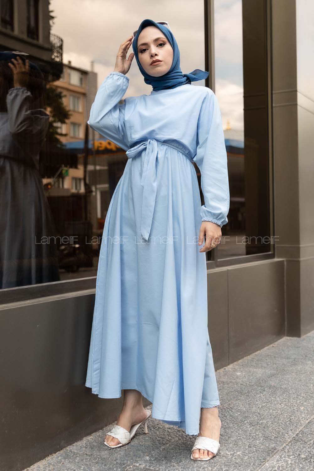 Modalamelif  Kol ve Bel Lastikli Elbise Açık Mavi