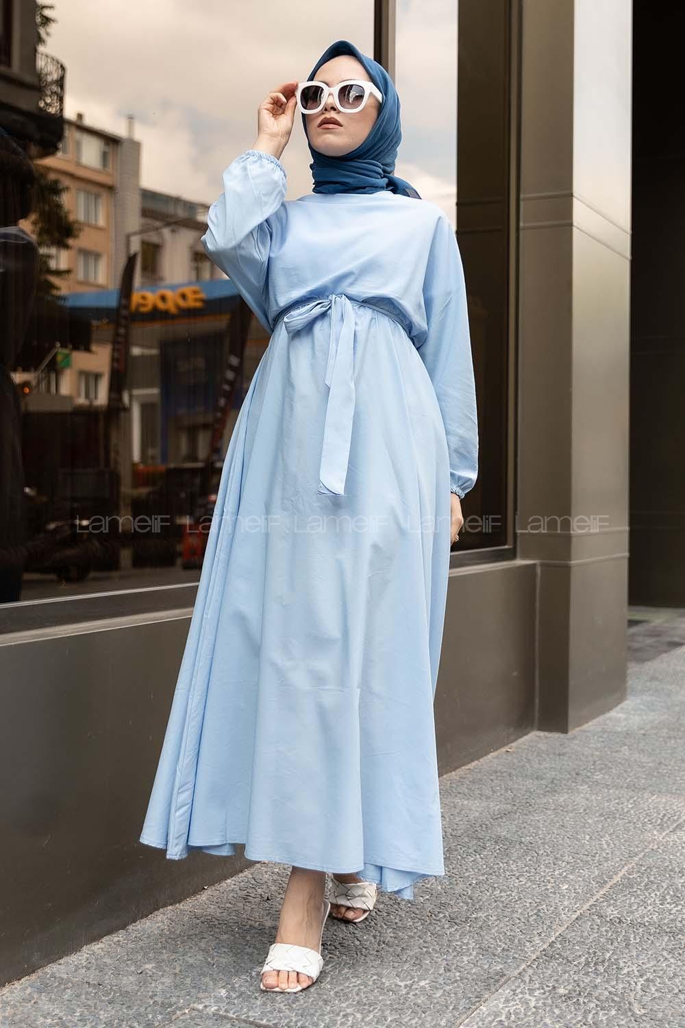 Modalamelif  Kol ve Bel Lastikli Elbise Açık Mavi