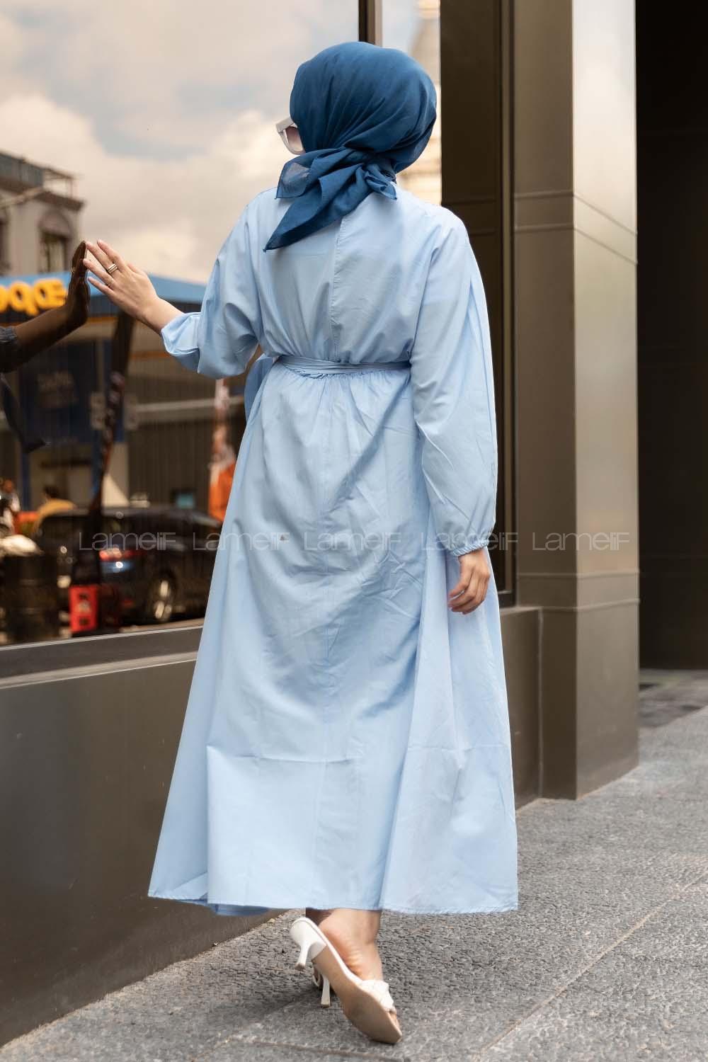 Modalamelif  Kol ve Bel Lastikli Elbise Açık Mavi