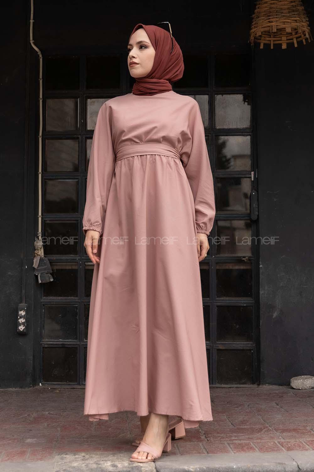 Modalamelif  Kol ve Bel Lastikli Elbise Gül Rengi