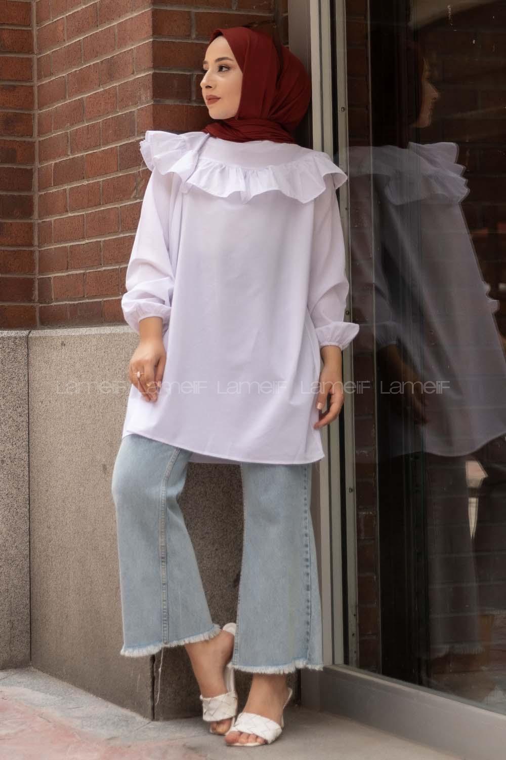 Modalamelif Önü Fırfır Detaylı Kol Lastikli Tunik Beyaz