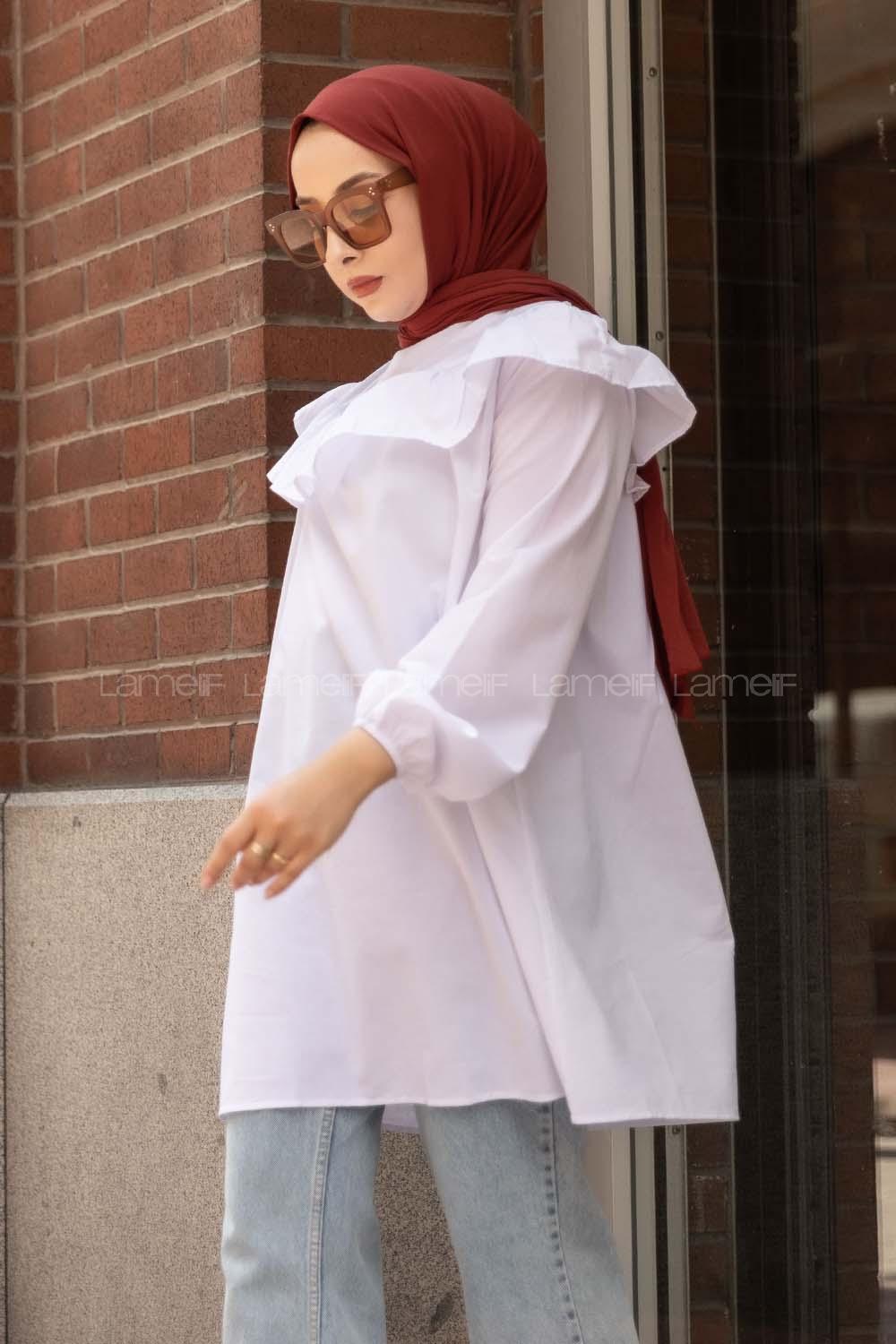 Modalamelif Önü Fırfır Detaylı Kol Lastikli Tunik Beyaz