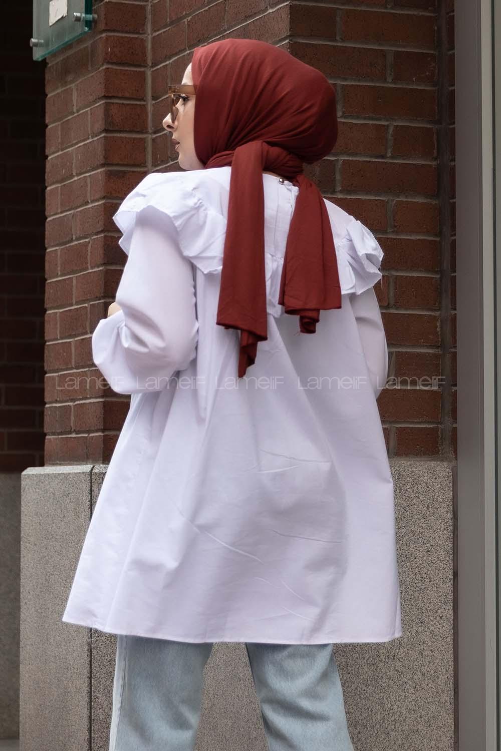 Modalamelif Önü Fırfır Detaylı Kol Lastikli Tunik Beyaz