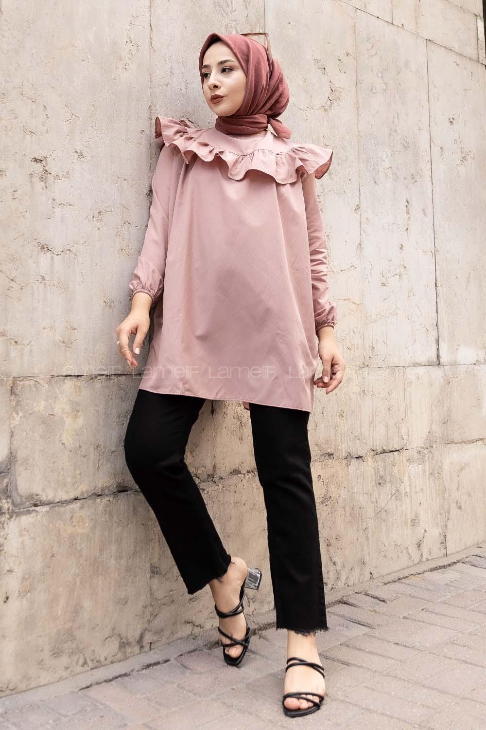 Modalamelif Önü Fırfır Detaylı Kol Lastikli Tunik Gül