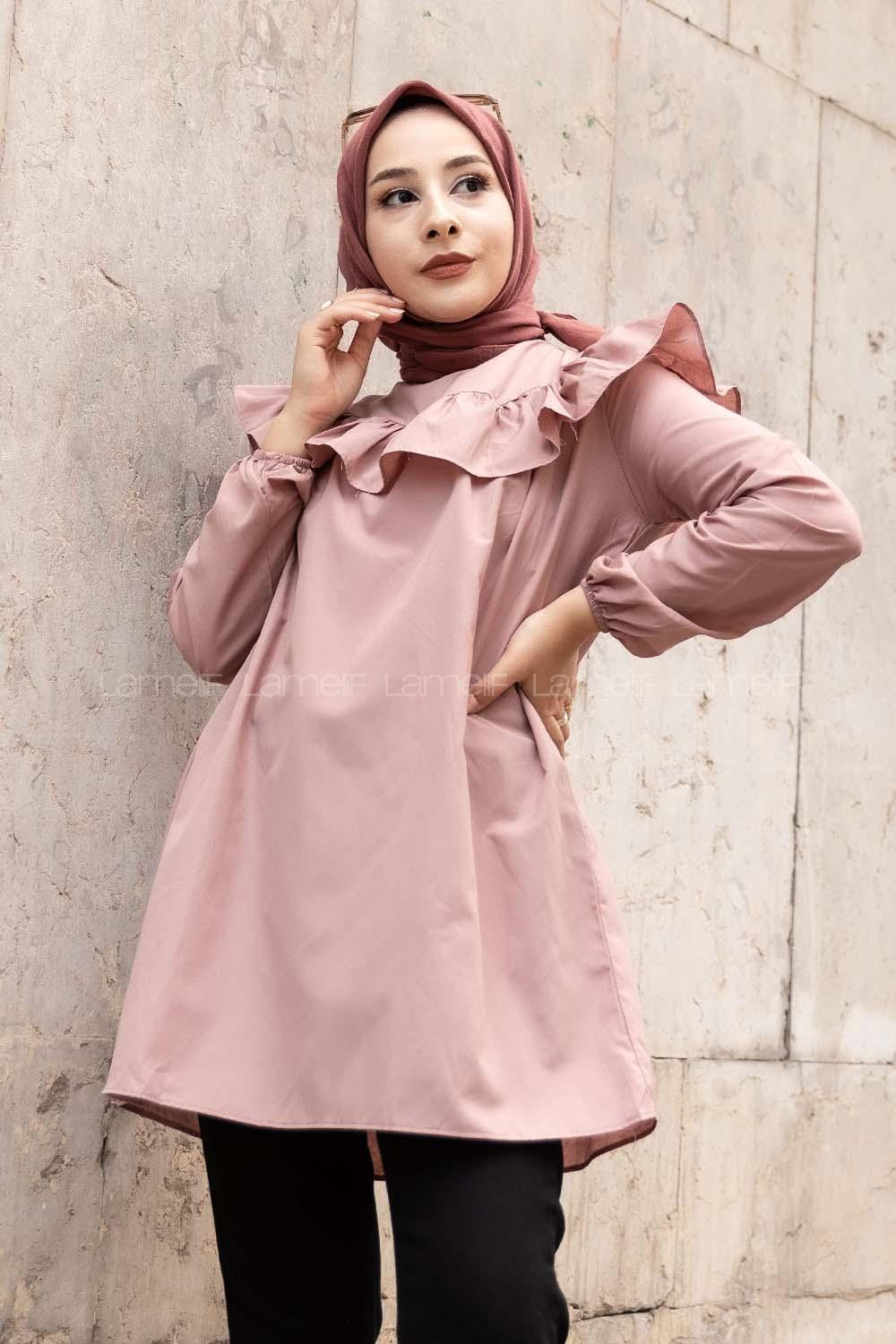 Modalamelif Önü Fırfır Detaylı Kol Lastikli Tunik Gül