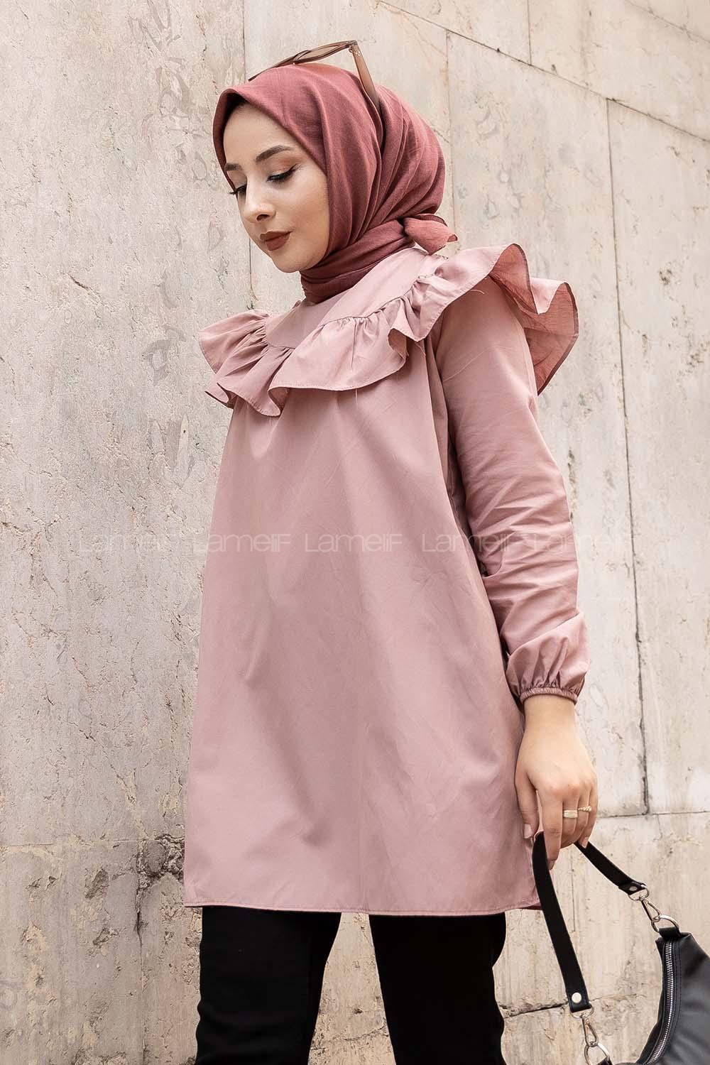 Modalamelif Önü Fırfır Detaylı Kol Lastikli Tunik Gül