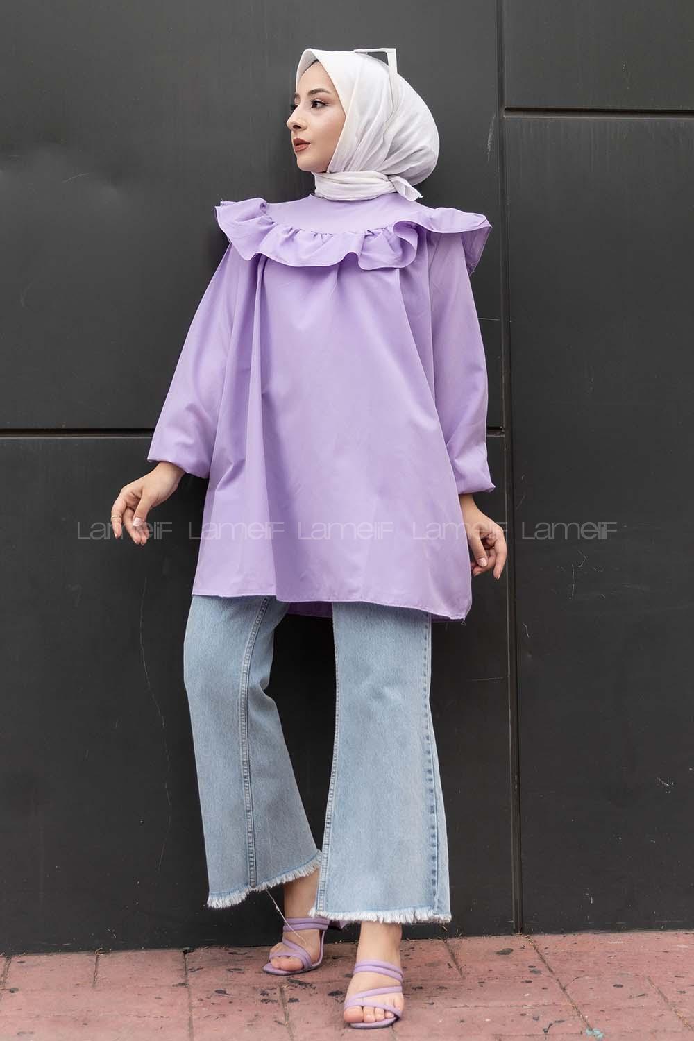 Modalamelif Önü Fırfır Detaylı Kol Lastikli Tunik Lila