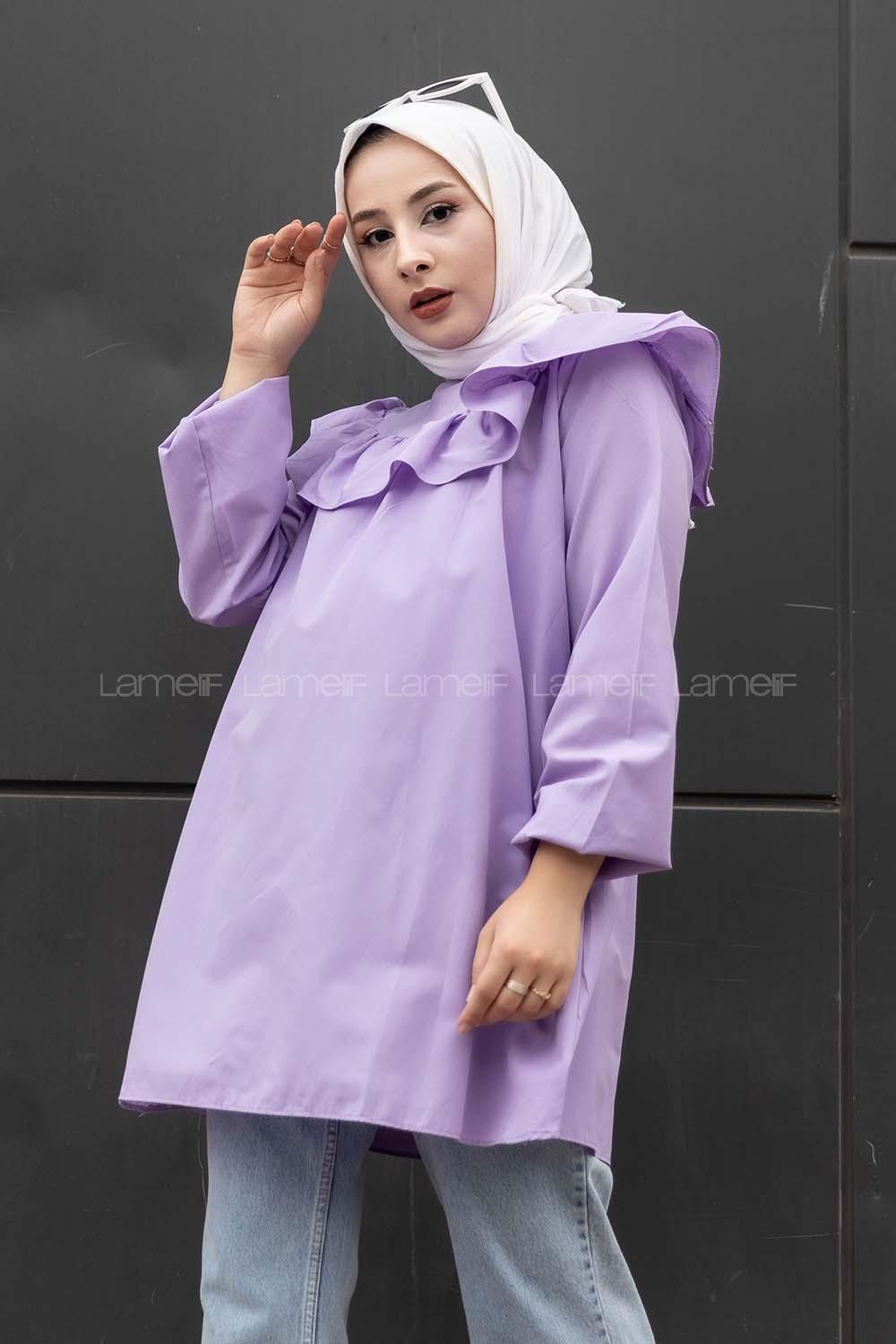 Modalamelif Önü Fırfır Detaylı Kol Lastikli Tunik Lila