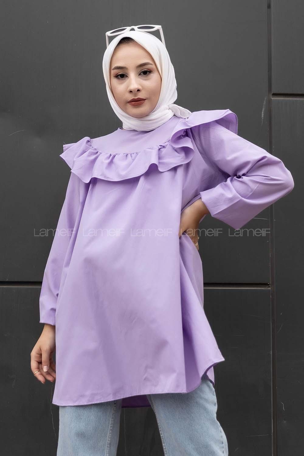 Modalamelif Önü Fırfır Detaylı Kol Lastikli Tunik Lila