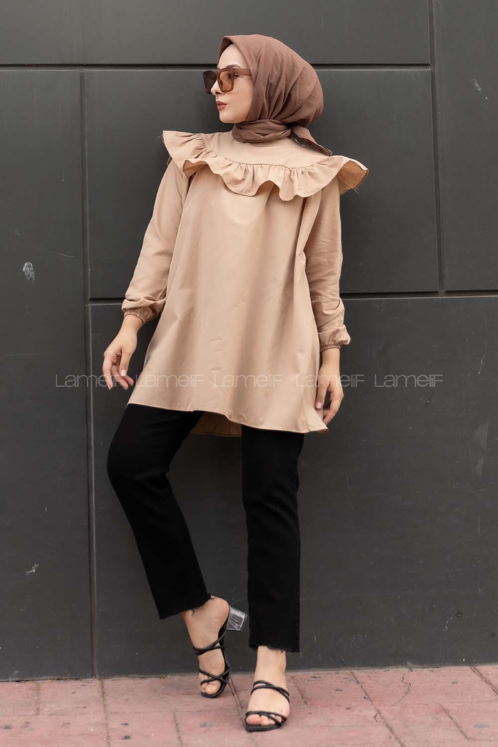 Modalamelif Önü Fırfır Detaylı Kol Lastikli Tunik Sütlü Kahve
