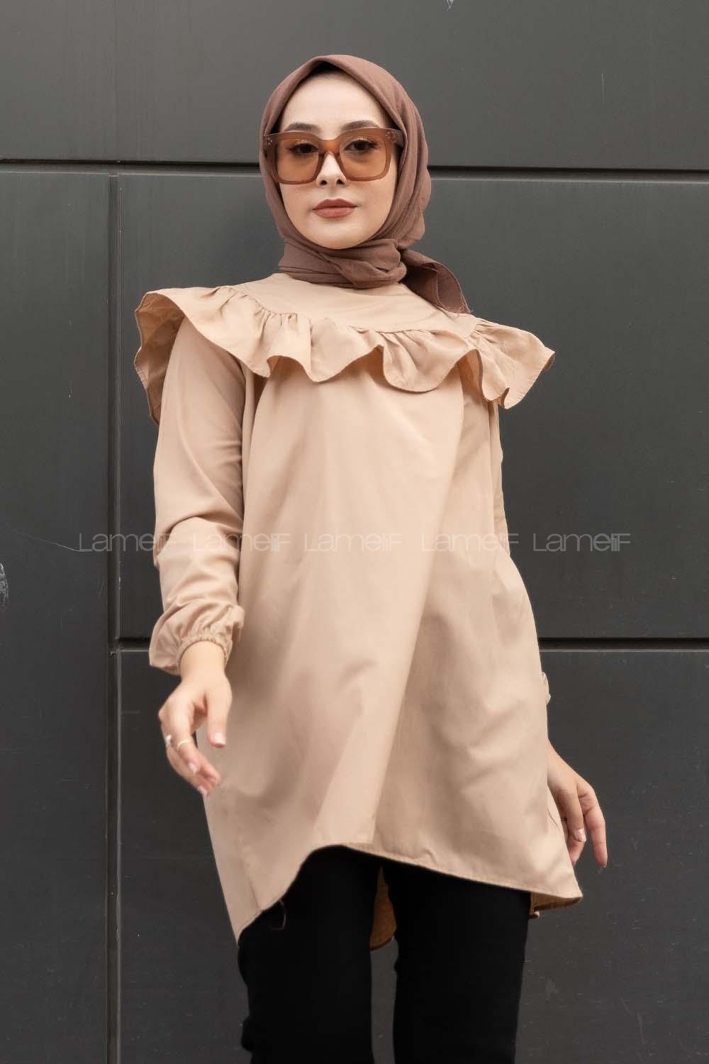 Modalamelif Önü Fırfır Detaylı Kol Lastikli Tunik Sütlü Kahve