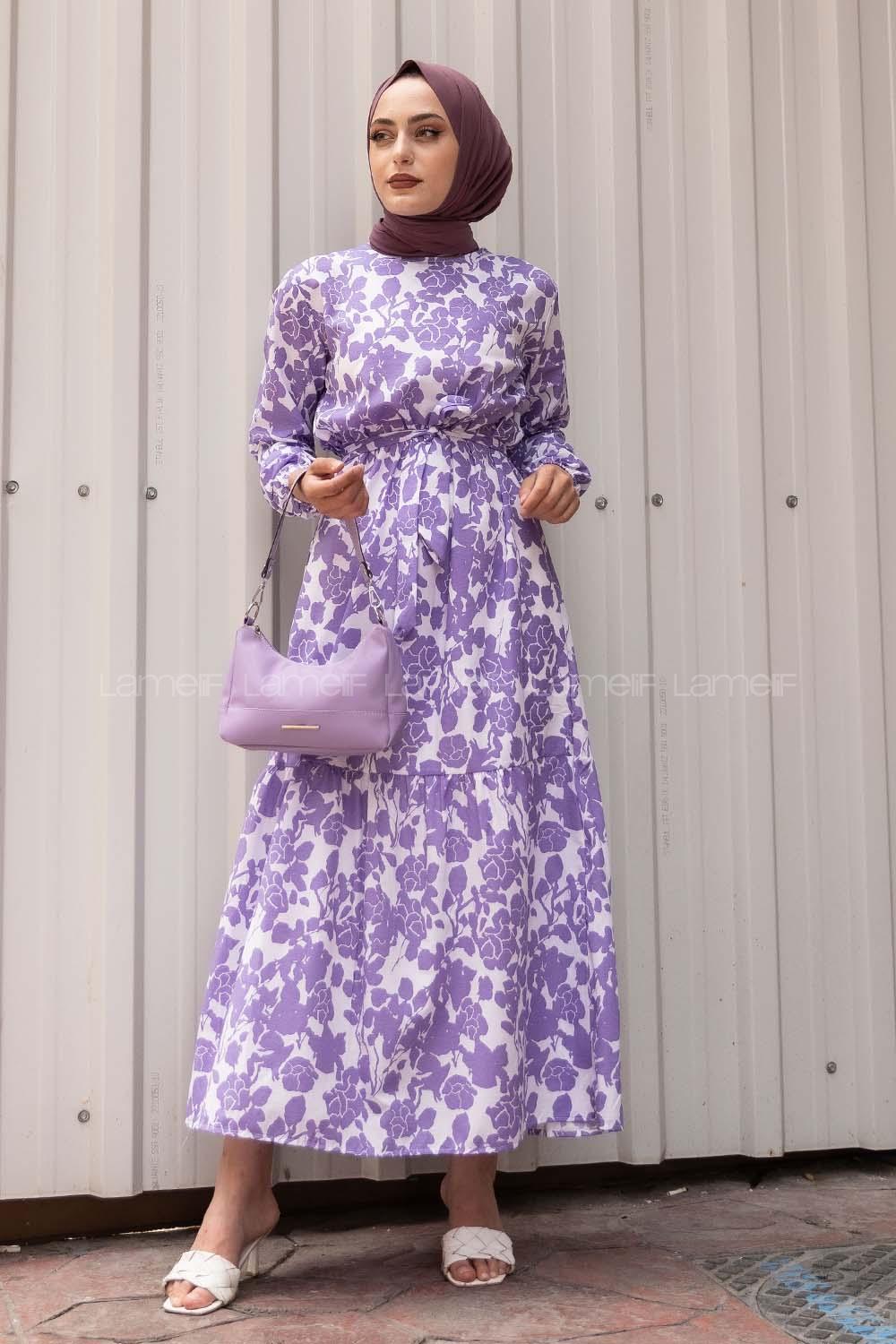 Modalamelif Soyut Model Kuşaklı Elbise Lila
