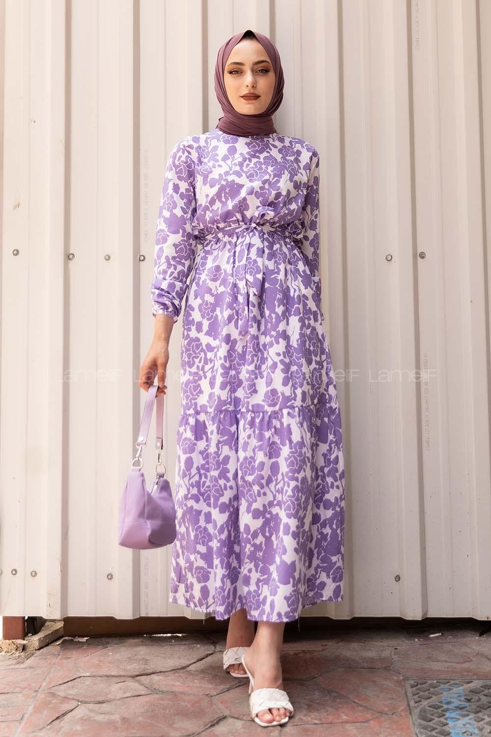 Modalamelif Soyut Model Kuşaklı Elbise Lila