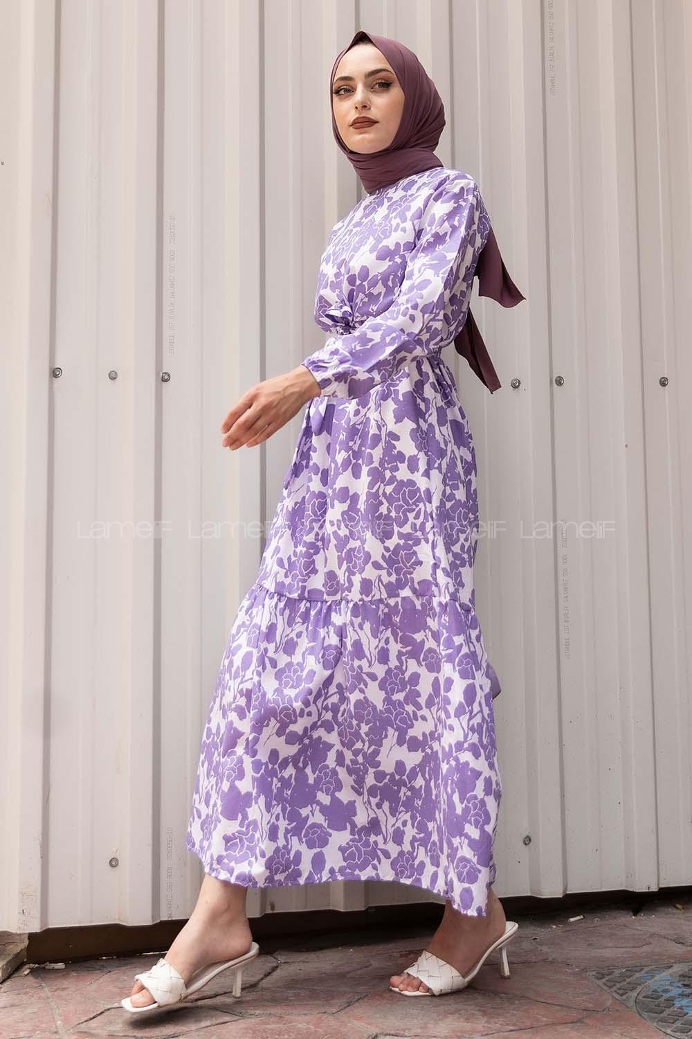 Modalamelif Soyut Model Kuşaklı Elbise Lila