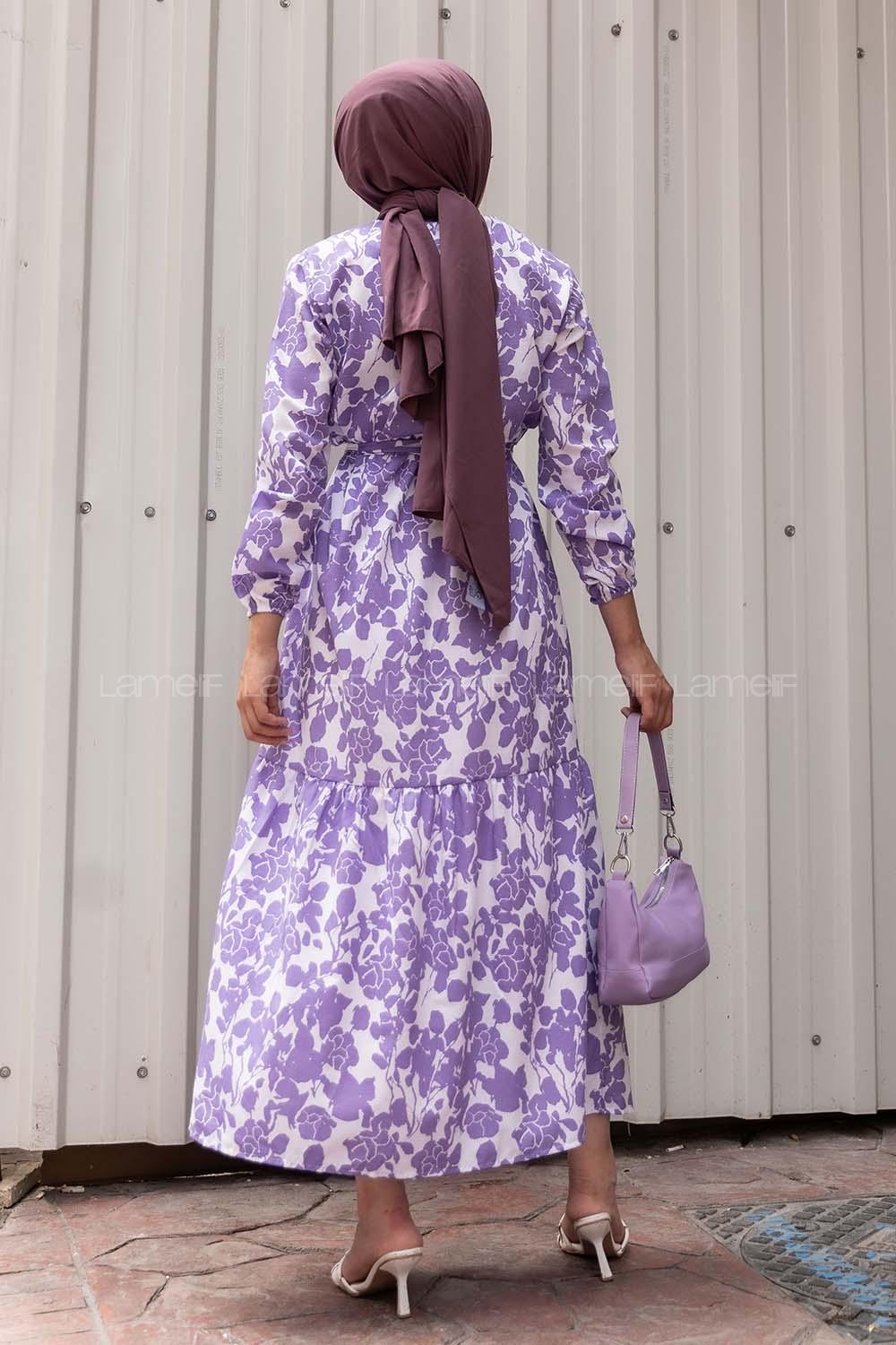 Modalamelif Soyut Model Kuşaklı Elbise Lila