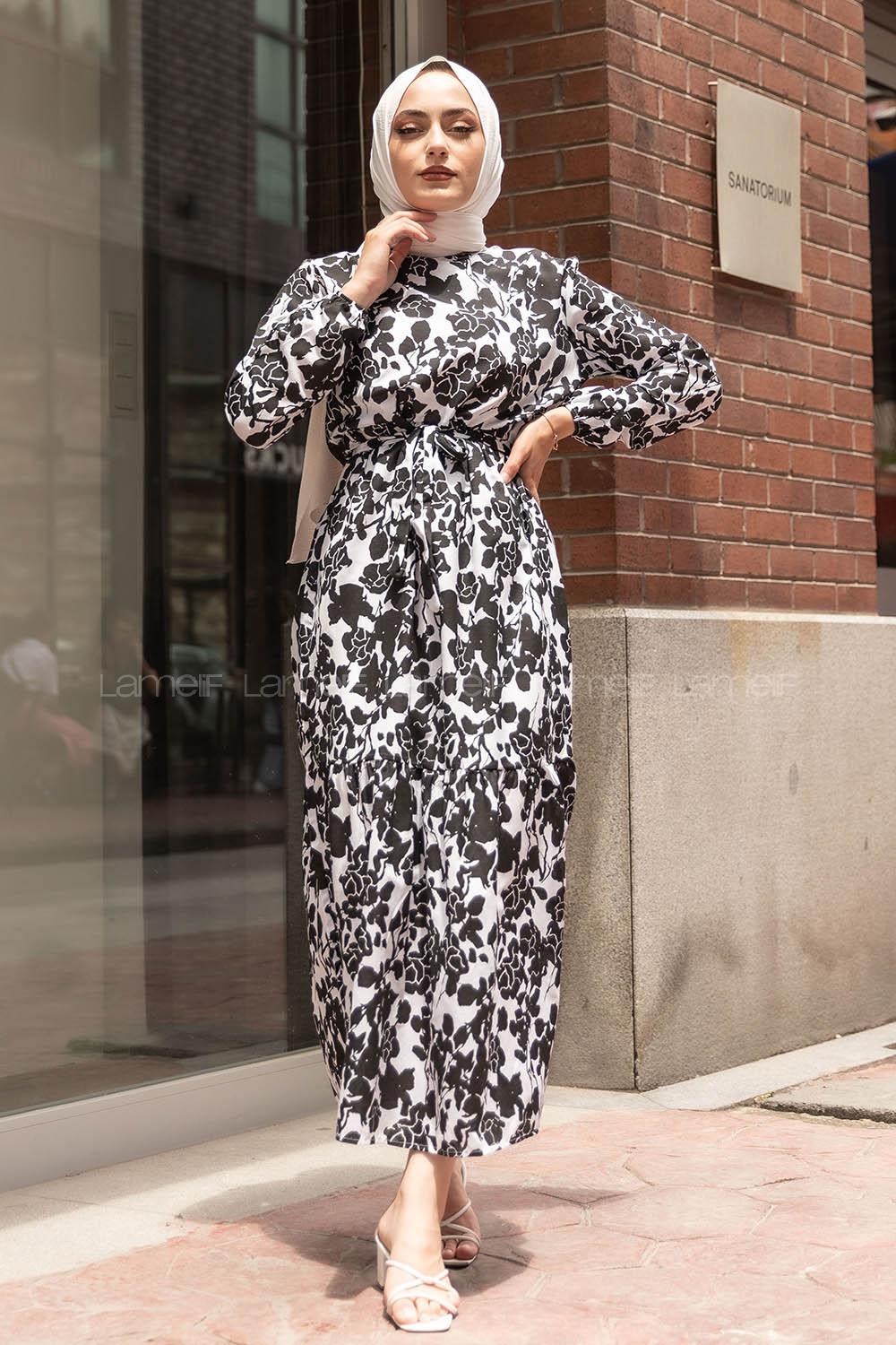 Modalamelif Soyut Model Kuşaklı Elbise Siyah