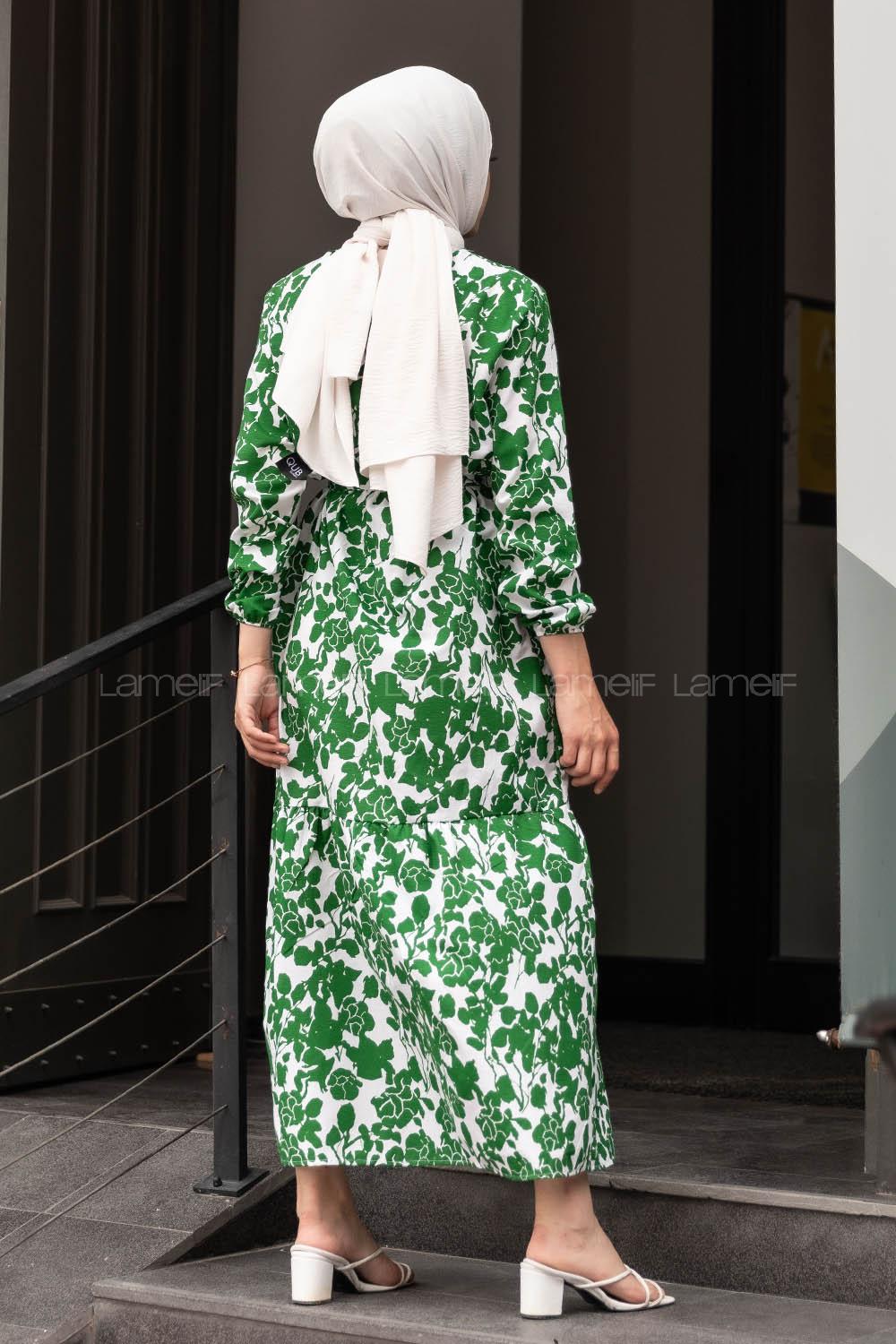 Modalamelif Soyut Model Kuşaklı Elbise Yeşil