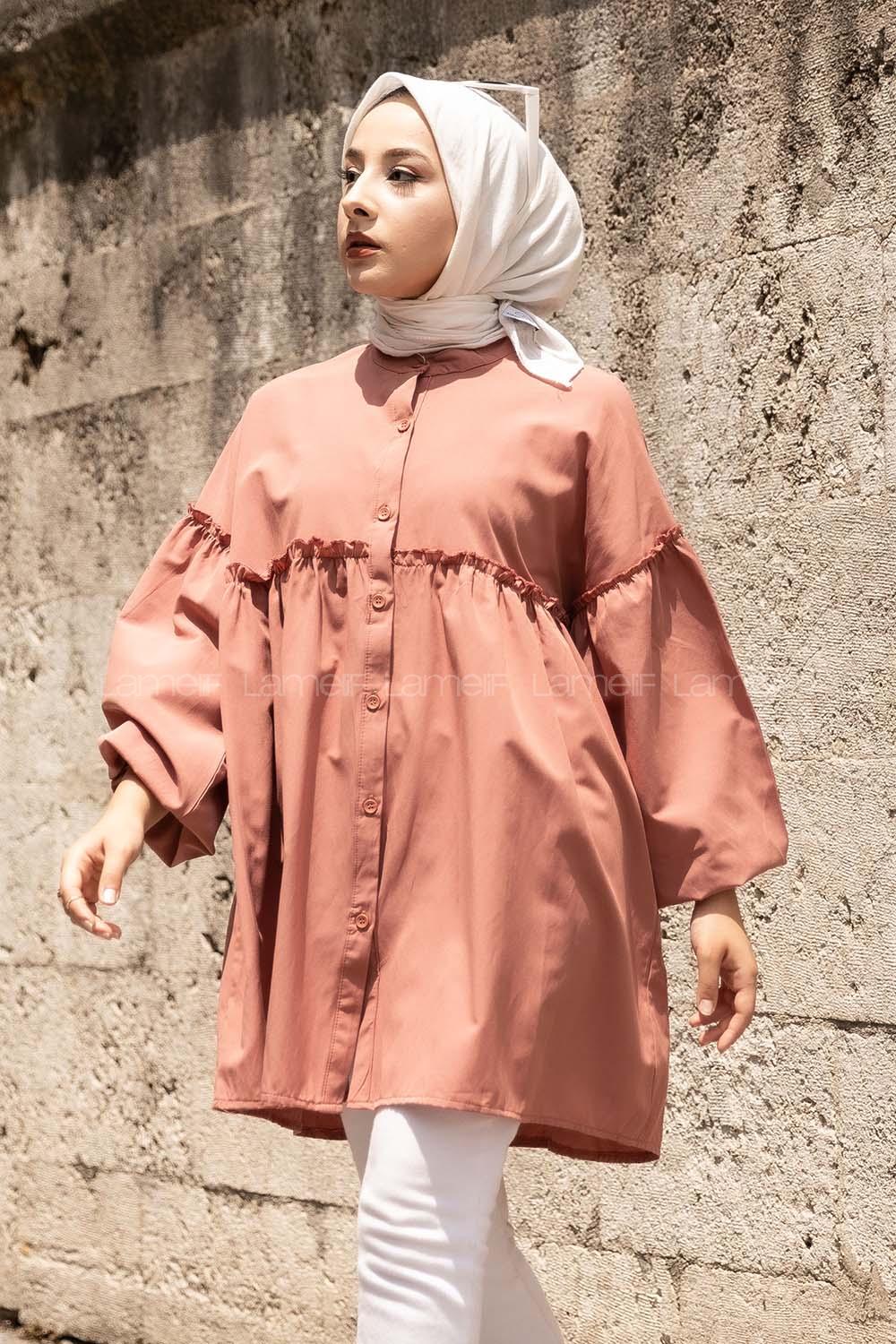 Modalamelif Önü Düğmeli Fırfırlı Gül Rengi