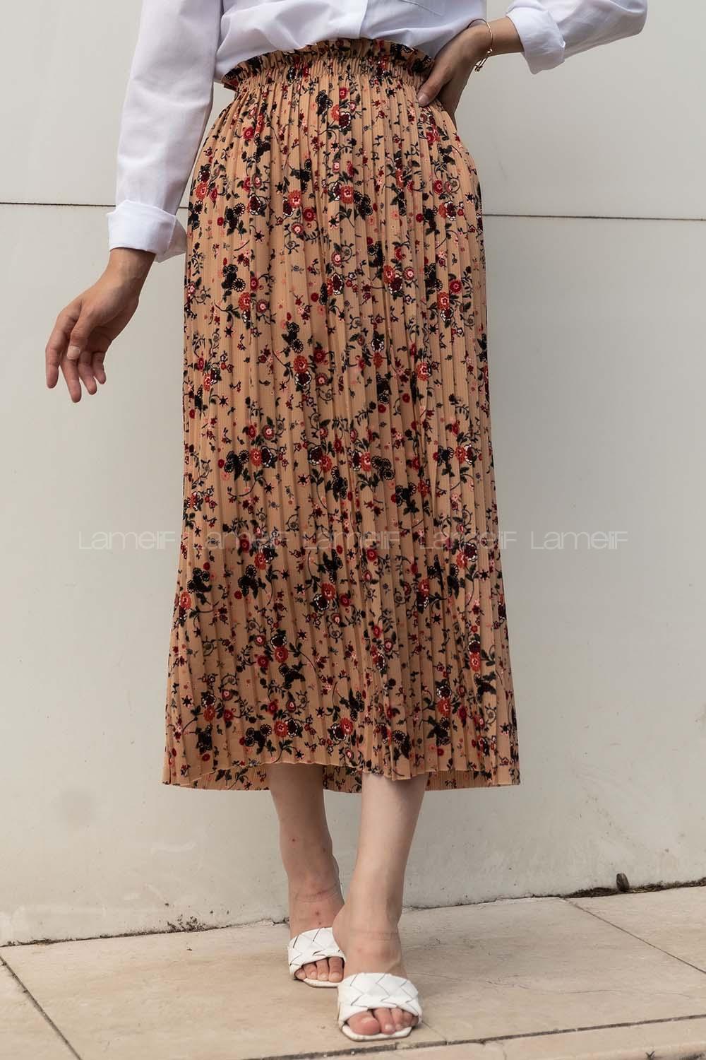 Modalamelif Çiçek Desenli Mira Etek Sütlü Kahve