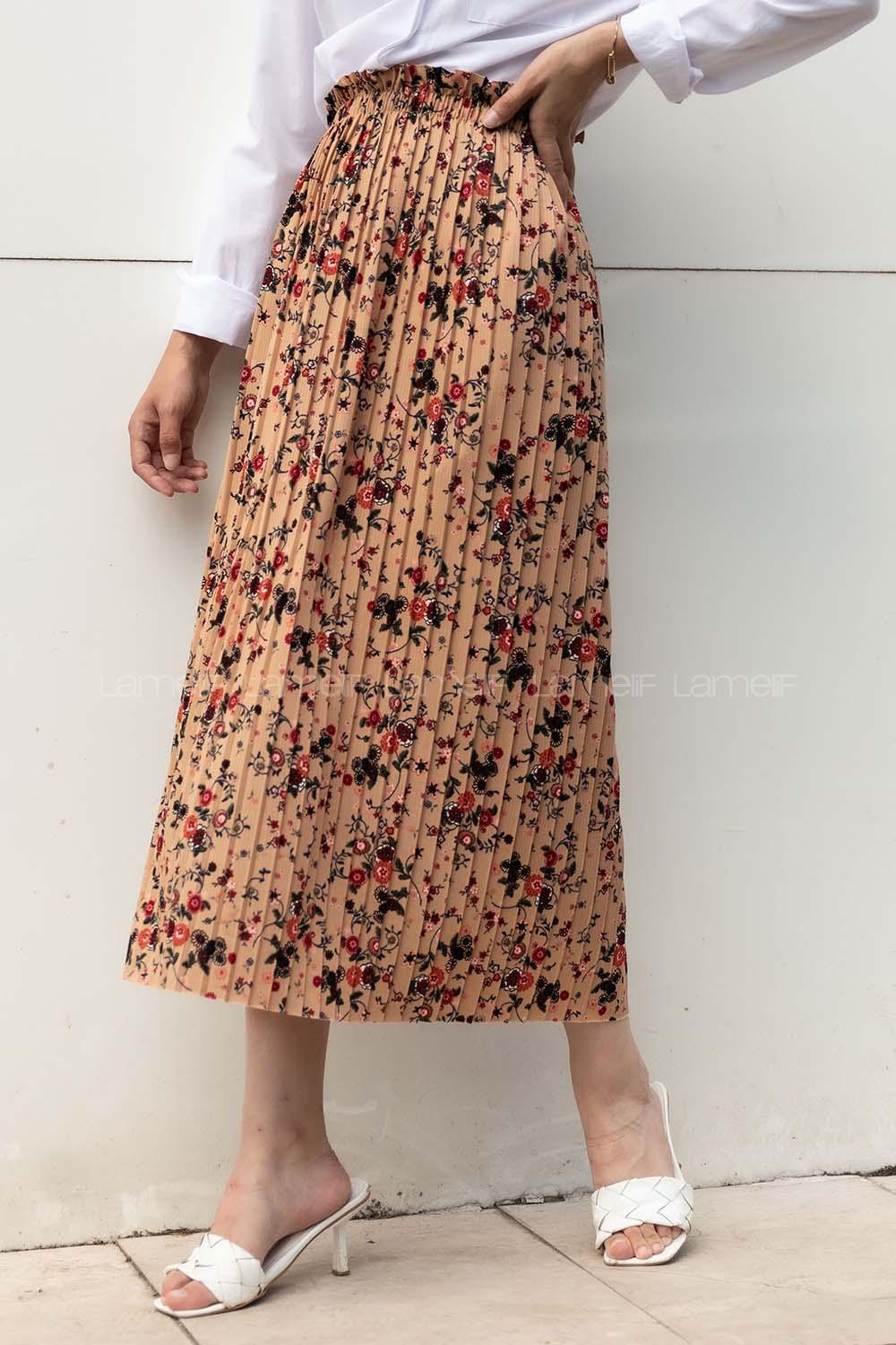 Modalamelif Çiçek Desenli Mira Etek Sütlü Kahve